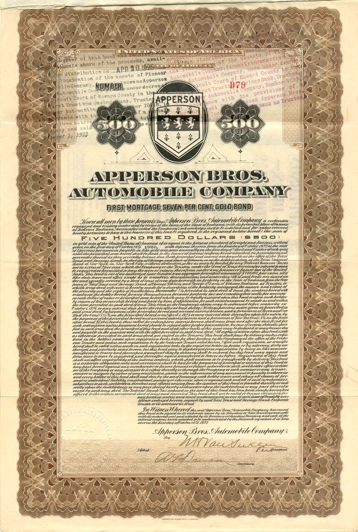 Apperson Bros. Automobile Co. - $500 - Bond